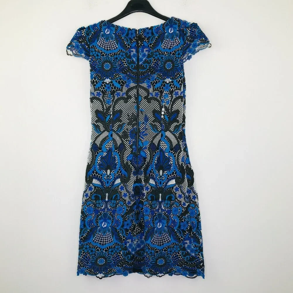 Alice + Olivia Women's 4 Mini Dress Blue Black Nakia Floral Lace Sheath CM5